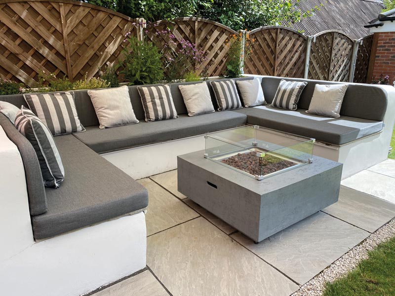 Outdoor Cushion and scatter cushion examples for a u-shaped seating area with firepit