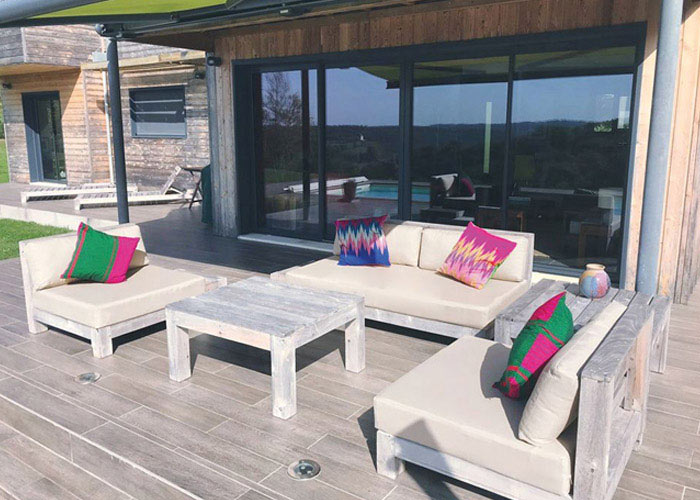Bespoke outdoor cushions, backrests and scatter cushions for a custom built wooden terrace seating area